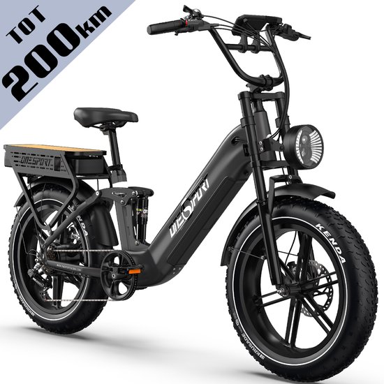 Elektrische Fiets ONESPORT OT08PRO - bereik tot 200 km - Krachtige 1728Wh Verwijderbare Accu - 20×4.0 Inch Brede Banden - Shimano 7 Versnellingen - Hydraulische Schijfremmen - Elektrische Stadsfiets - Zwart van Merkloos