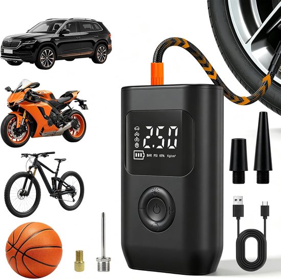 Elektrische Fietspomp - 1500mAh - Draagbare bandenpomp - Luchtcompressor - Elektrische Bandenpomp - Oplaadbaar & Draagbaar - Compressor - USB voeding - Incl. Opbergtas en 5 Opzetstukken - voor Fiets, Scooter, Motor en Auto - Zwart