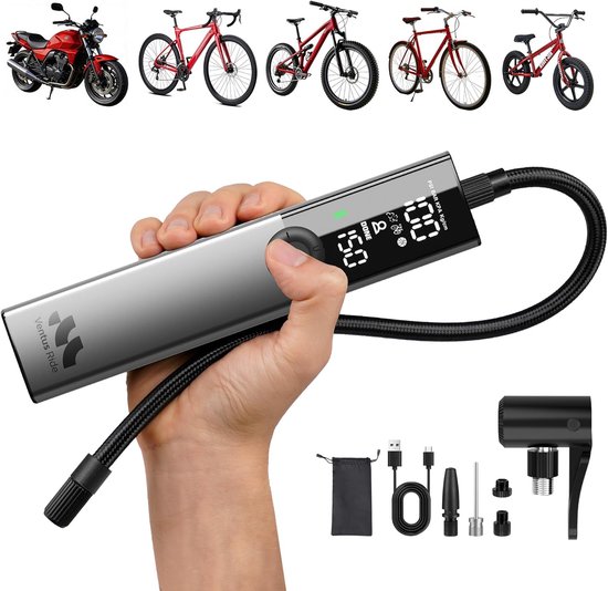 Elektrische Fietspomp - Bandenpomp 150 PSI / 10.3 Bar - Draadloze Luchtcompressor met Automatische Stop - USB-C Oplaadbaar - Presta, Schrader en Dunlop - Voor Fiets, Auto en Motor