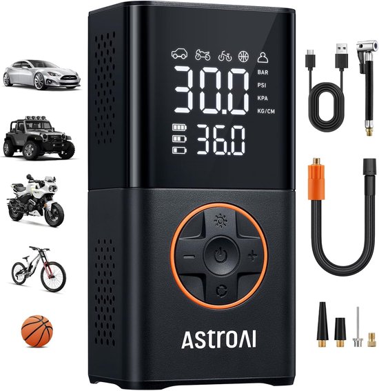 Elektrische Fietspomp - Bandenpomp - Draagbare Luchtcompressor - 150 PSI - 4000mAh Accu - Bandenpomp Auto, Fiets en Motor - Elektrische Luchtpomp - USB Oplaadbaar - Met LED-verlichting - Automatische Stop - Compact - Draadloos - Zwart
