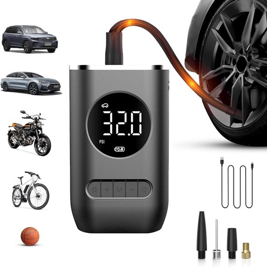 Elektrische fietspomp - Draadloze Elektrische Luchtpomp - Draagbare Elektrische Bandenpomp met Alle Ventielen - Ledlampje - Tot wel 10.3 bar - USB oplaadbaar - Fietsbandpomp voor Auto/Fiets/Motor/Bal