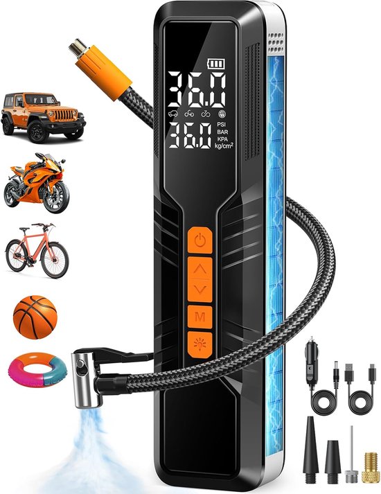Elektrische Fietspomp - Draagbare bandenpomp - Draadloze bandenpomp - Krachtige en snelle inflatie - Met led verlichting - Realtime bandenspanning - Voor auto fiets motor en sportballen