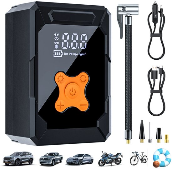 Elektrische Fietspomp - Draagbare Compressor - Luchtcompressor Bandenpomp - 7.4V Luchtpomp - Tot 150 psi - 25L/Min - Fiets Pomp - USB Oplaadbaar - Met lcd-display - Voor Fiets/Auto/Motor/Bal/Luchtbed - Incl. 4 Opzetstukjes en Opberghoes - Zwart