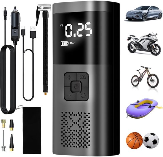 Elektrische Fietspomp draagbare luchtpomp - 6000 mAh batterij - 150 PSI compressor - LCD-scherm - 4 modi - auto's - fietsen - ballen - zaklamp - powerbank van Merkloos