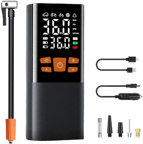 Elektrische Fietspomp - Incl. Opbergtas en 5 Opzetstukken - Luchtcompressor - Oplaadbaar & Draagbaar - Compressor - Tot 10.3 Bar - USB Oplaadbaar - Zwart
