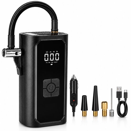 Elektrische Fietspomp Luchtcompressor Elektrische Bandenpomp - 3 in 1 Draagbare Compressor Powerbank en LED Zaklamp Incl. Accessoires - 12V - 8 BAR