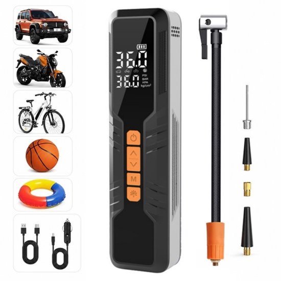 Elektrische fietspomp - Oplaadbaar & Draagbaar - Tot 10.3 Bar– Geschikt voor Auto, Fiets, Motor en Scooter – Met Digitale Manometer en Verlichting - Elektrische Bandenpomp