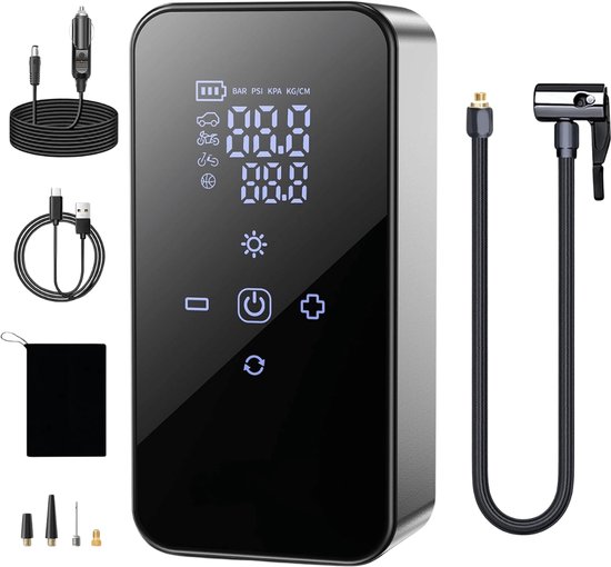 Elektrische Luchtcompressor met Digitaal Display – Draadloze Bandenpomp – USB-C Oplaadbaar – Voor Auto, Motor, Fiets en Ballen – Tot 150 PSI / 10,3 Bar