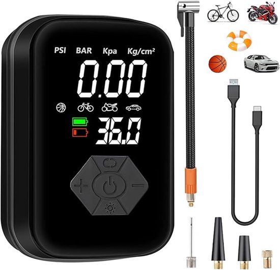 Elektrische Luchtpomp 150 PSI – Draagbare Mini Compressor 4000 mAh – Met Digitale Bandenspanningsmeter – Auto Stop – Voor Auto, Motor, Fiets en Bal – Met Powerbank & LED