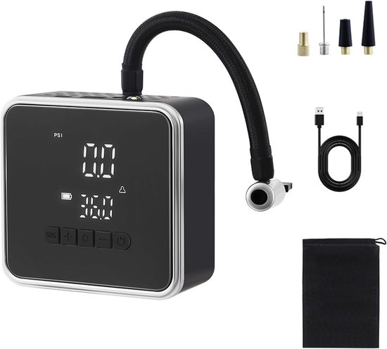 Elektrische luchtpomp, Elektrische fiets pomp mini, Opblaasbaar, Banddrukmeting, LED-verlichting, Powerbank, SOS, Mini-compressor fiets voor auto's, Elektrische fiets, Racing, Bal, Zwembad