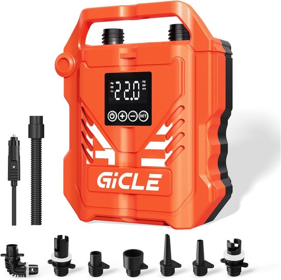 Elektrische paddleboardpomp met tweetraps oppompfunctie, 22 PSI SUP-luchtpomp voor opblaasbare paddleboards, bedden en matrassen, met 12V DC-aansluiting voor auto- en bootaccessoires (oranje)