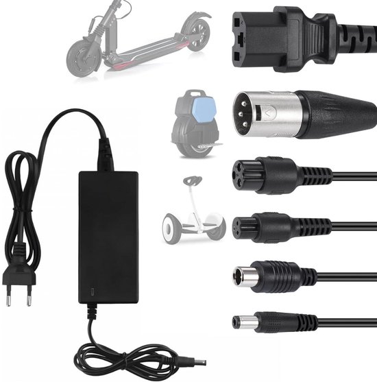 Elektrische scooter lader - 36V/42V 2A - met 6 batterijladerconnectoren - lader voor scootmobiel - elektrische fietslader - universele lader - Geschikt voor Xiaomi Mijia M365 - voor hoverboard, rolstoelen, eenwielers, fietsen en scootmobielen van Merkloos