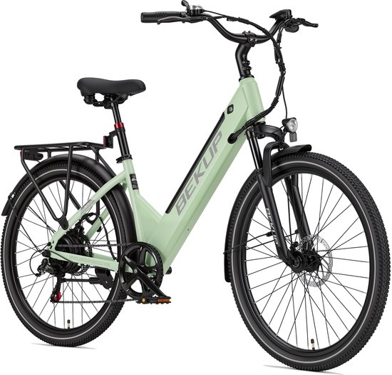 Elektrische stadsfiets - 26 inch lage instap - 522Wh lange actieradius accu - 250W achterwielmotor - 45Nm koppel - Shimano 7 versnellingen - Schijfremmen voor en achter - LCD-display - Geveerde zadelpen - groen
