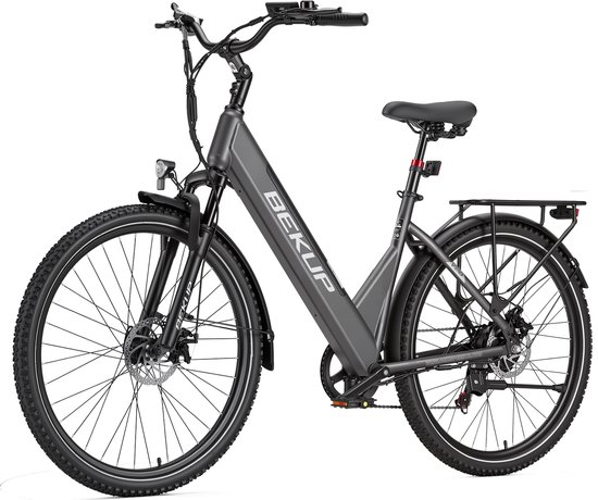 Elektrische Stadsfiets 28 inch - Comfort Lage Instap - 75 km Actieradius - 250W Achterwielmotor - Mechanische Schijfremmen - Titaangrijs