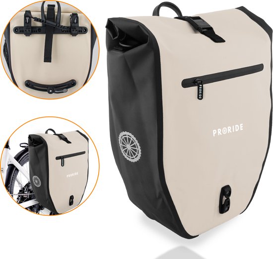 Enkele Fietstas Proride - 100% Waterdicht - 28 Liter - Pakaftas Elektrische Fietsen - Schoudertas - Inclusief Schouderband en Laptophoes - Bagagedrager - Reflector - Magnetische sluiting - Beige van Merkloos