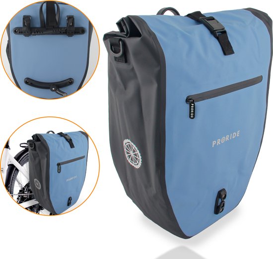 Enkele Fietstas Proride - 100% Waterdicht - 28 Liter - Pakaftas Elektrische Fietsen - Schoudertas - Inclusief Schouderband en Laptophoes - Bagagedrager - Reflector - Magnetische sluiting - Blauw van Proride
