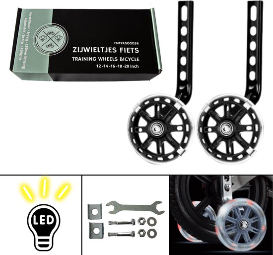 Entergoods® - Zijwieltjes - 12-20 Inch - Zijwieltjes met LED lichtjes - Zijwieltjes voor Kinderfiets - Zwart - 12 inch/14 inch/16 inch/18 inch/20 inch - Zijwielen - Kinderfietsaccessoires - Universeel - Zijwielen met Lampjes - Verlichting Kinderfiets van Entergoods