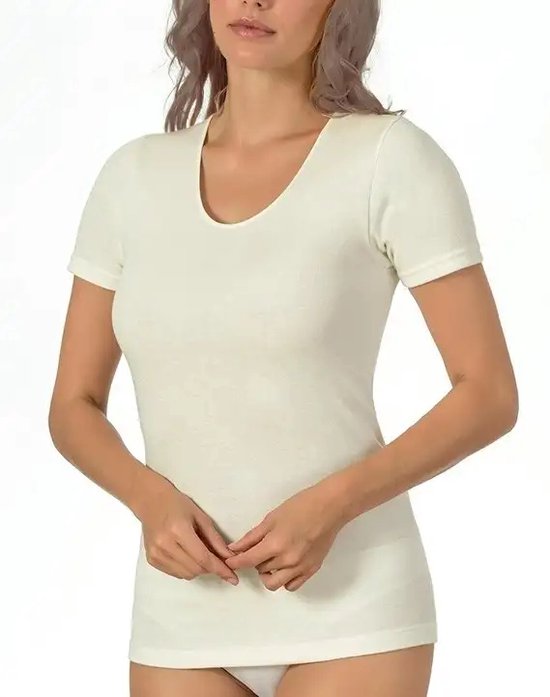 Entex dames thermo T-shirt korte mouw - Diepe ronde hals - Warm Wollen ondershirt - Crème / M - Creme