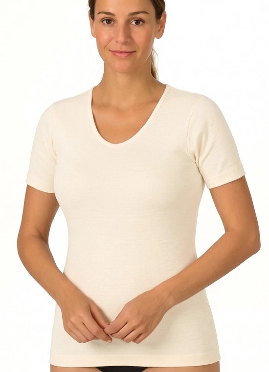 Entex dames thermo T-shirt korte mouw - Diepe ronde hals - Warm Wollen ondershirt - DS1001 - Creme - Maat XXL