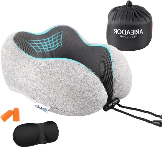 Ergonomisch traagschuim nekkussen met slaapmasker, oordopjes en tas - verstelbaar U-vormig reiskussen voor volwassenen - ideaal voor vliegtuig en auto (lichtgrijs) van Ergon