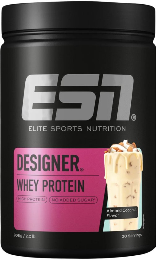 ESN Designer Whey Protein – Smaak Almond Coconut – Whey Eiwitpoeder voor Shakes met Concentraat & Isolaat – Zonder Toegevoegde Suikers – 25g Eiwit per Portie – 908g van Merkloos