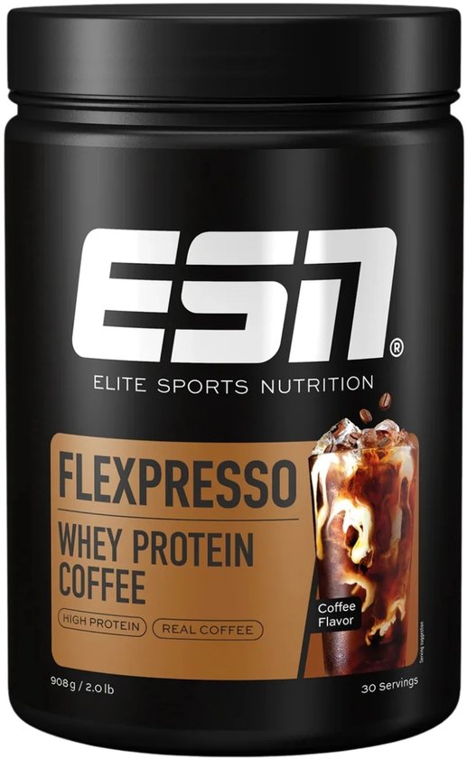 ESN FLEXPRESSO Proteïne Koffie, Koffie, 908 g, 30 Porties – Eiwitpoeder met Cafeïne & Whey – Zonder Toegevoegde Suikers – Gemaakt in Duitsland