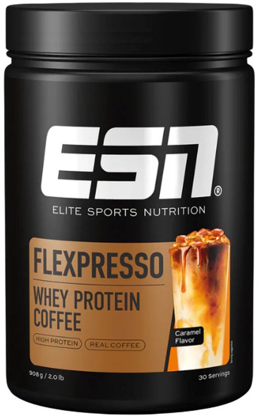 ESN FLEXPRESSO Whey Proteine Poeder, Caramel, 908 g, 30 Porties – Wei Eiwitshake met Koffie & Cafeïne
