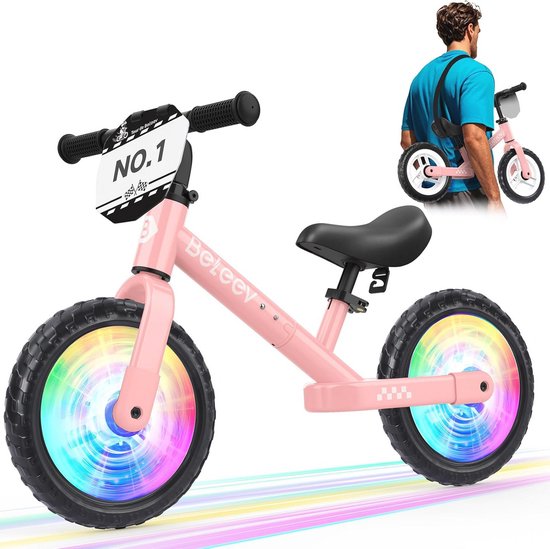 Evenwichtsvoetfiets voor Peuters - 12 Inch Fiets met LED Verlichting, Verstelbaar Stuur en Zadel, Voor Training Leeftijd 2-6 Jaar - Roze van Bikestar