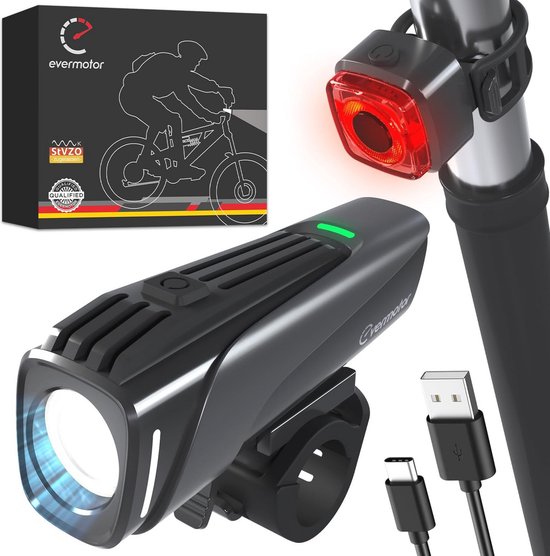 evermotor LED Bicycle Light Set, StVZO-Approved, Bicycle Light + Rear Light, USB C Rechargeable Bicycle Lights Accessories Long Lasting Mountain Bike Lighting Set for Children Adults