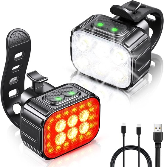 EXCITAT Fietslampjes - Fietsverlichting - Voorlicht en Achterlicht - IPX6 Waterdicht - 8+12 Lichtstanden - USB oplaadbaar - Zwart