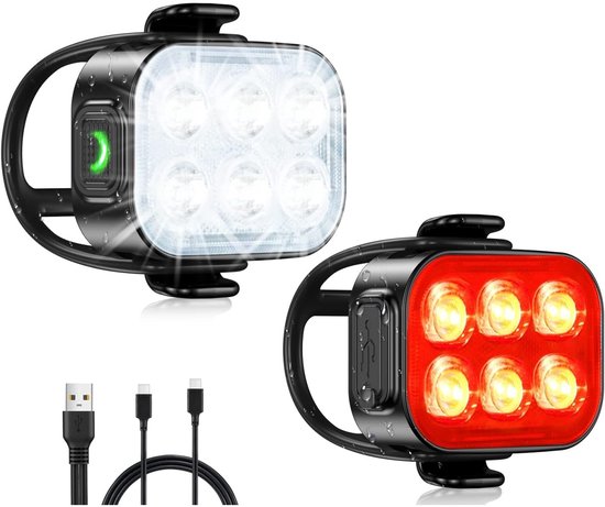EXCITAT Voor- en achterverlichting voor de fiets - Meerdere standen - Ultradun - Oplaadbaar via USB - Fietslamp - Met snel opladen - Waterdicht - LED - Perfect voor nachtelijk fietsen - Mountainbikelamp