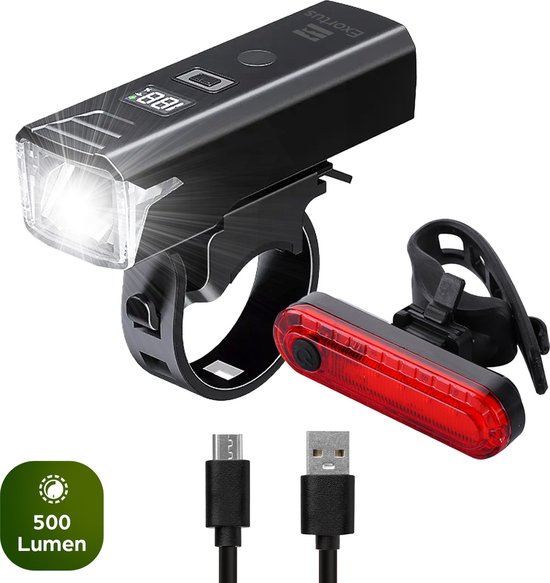 Exortus® Oplaadbare LED Fietsverlichting set - Fietslicht Set Wit En Rood – Fietslamp Geschikt Voor Elke (Race)fiets - Batterij Indicatie - Valbestendig & Waterdicht - Met licht sensormodus - Ook te gebruiken als zaklamp