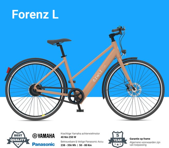 EZWLZ Elektrische Fiets Forenz L - Actieradius 80 km - Yamaha Achterwielmotor - Hybride E-Bike - Panasonic batterij - LCD Display - Zand/Matt