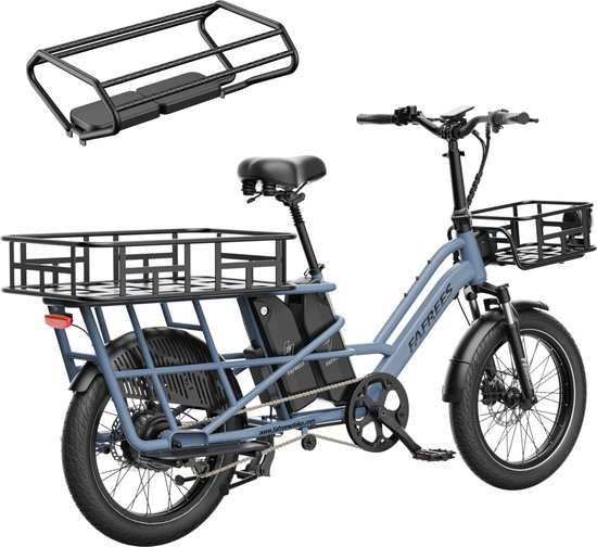 FAFREES 20 inch elektrische fiets met kinderzitjes en voorkorf – E-fiets – E-Bakfiets24Ah accu – maximaal 200kg draagvermogen – max 25km/u – Familie Longtail E-Cargo Bakfiets –tot 140km – voor gezinsuitjes en dagelijkse boodschappen –Blauw