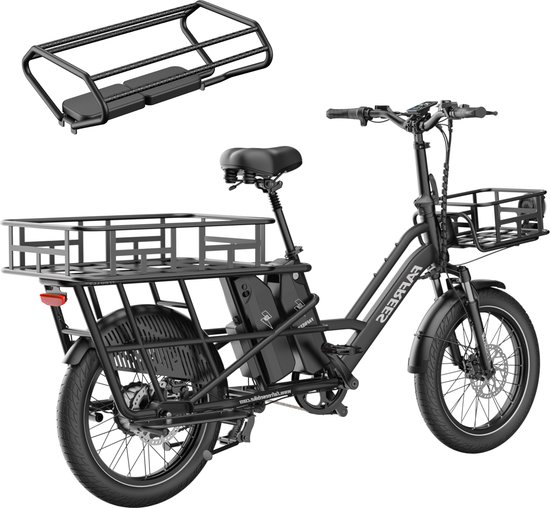 FAFREES 20 inch elektrische fiets met kinderzitjes en voorkorf – E-fiets – E-Bakfiets24Ah accu – maximaal 200kg draagvermogen – max 25km/u – Familie Longtail E-Cargo Bakfiets –tot 140km – voor gezinsuitjes en dagelijkse boodschappen –Grijs