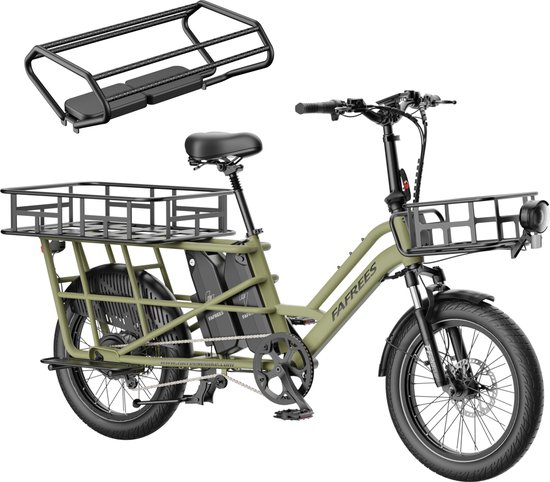 FAFREES 20 inch elektrische fiets met kinderzitjes en voorkorf – E-fiets – E-Bakfiets24Ah accu – maximaal 200kg draagvermogen – max 25km/u – Familie Longtail E-Cargo Bakfiets –tot 140km – voor gezinsuitjes en dagelijkse boodschappen –Groen