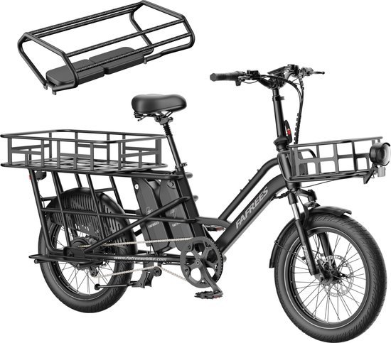 FAFREES 20 inch elektrische fiets met kinderzitjes en voorkorf – E-fiets – E-Bakfiets24Ah accu – maximaal 200kg draagvermogen – max 25km/u – Familie Longtail E-Cargo Bakfiets –tot 140km – voor gezinsuitjes en dagelijkse boodschappen –Zwart