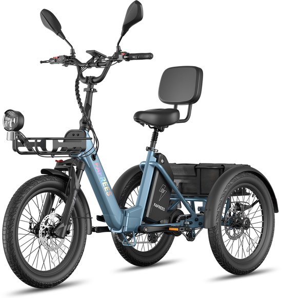 Fafrees Elektrische Driewieler - 20 Inch 48V 21Ah Accu - Dik Klapfiets E-Bakfiets - Elektrische Fiets - Elektrische Vrachtsfiets 180kg - 85km Bereik - Grote groentemanden aan de voor- en achterkant - Koppelsensor - Max 180kg Belasting – Blauw