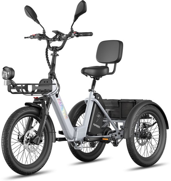 Fafrees Elektrische Driewieler - 20 Inch 48V 21Ah Accu - Dik Klapfiets E-Bakfiets - Elektrische Fiets - Elektrische Vrachtsfiets 180kg - 85km Bereik - Grote groentemanden aan de voor- en achterkant - Koppelsensor - Max 180kg Belasting – Grijs