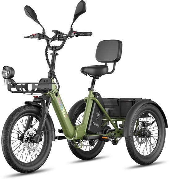 Fafrees Elektrische Driewieler - 20 Inch 48V 21Ah Accu - Dik Klapfiets E-Bakfiets - Elektrische Fiets - Elektrische Vrachtsfiets 180kg - 85km Bereik - Grote groentemanden aan de voor- en achterkant - Koppelsensor - Max 180kg Belasting – Groen