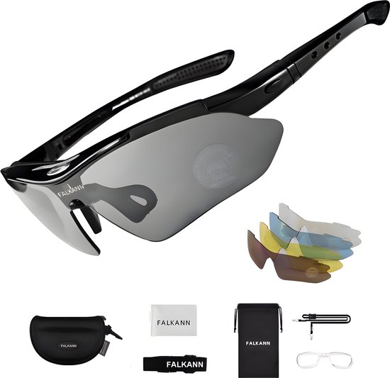 Falkann Basics Gepolariseerde Fietsbril Set - Sportbril / Zonnebril incl. 5 Verwisselbare Lenzen - UV400 - Zwart