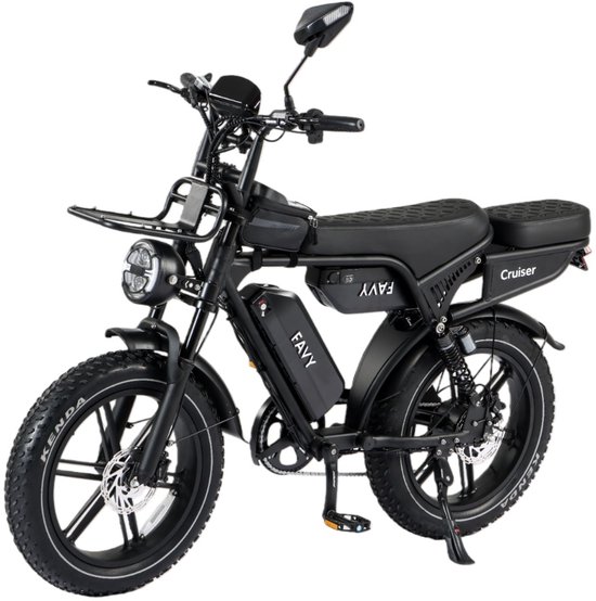 FAVY Cruiser Fatbike - Limited V8 Edition - Rijklaar - 60 km - NFC - Alarmsysteem - Verbeterd LCD Display - Hydraulische Schijfremmen - Achterzitje & Voordrager - 250W Motor - Incl. Elektrische Fietspomp - 2 Jaar Garantie - Zwart