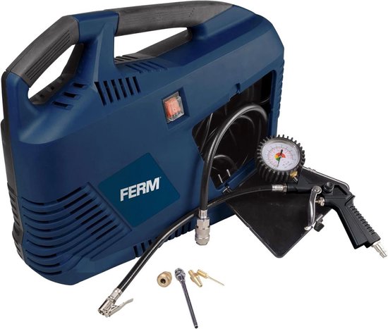 FERM - CRM1049 - Draagbare - compressor - 1100W - 8 bar - 180l/min - Olie vrij - 3 meter - rubber - luchtslang - Met - Universele - snelkoppeling - 5 meter - stroomkabel - Met - Bandenvuller - Blaastuit - Balnaald - Ventiel adapter - Tapse adapter