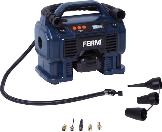 FERM - F-Power - CRM1054_S - Compressor - set - 20V - 2.0Ah - Accu - en - lader - Draagbare - Accu compressor set - Hoge volume - Hoge druk - Instelbaar - 11 Bar - 1100kpa - 160 psi - Met: - 2Ah accu - Lader - 8 adapters
