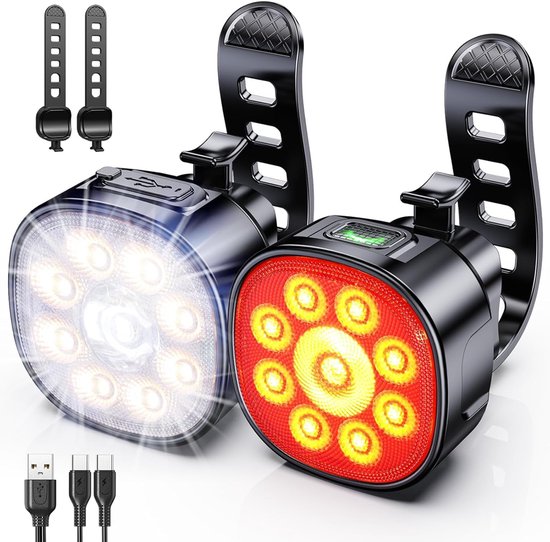 Fietlampen - voorlicht + achterlicht - 800 Lumen USB Fietslamp - IP65 Waterdicht & Oplaadbaar - Met 8+7 Lichtstanden - Voor Fiets, Step & Buggy - Krachtig & Veilig in Gebruik