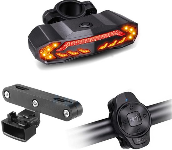 Fiets Achterlicht met Richtingaanwijzer en Fietsalarm - Fietsverlichting USB C Oplaadbaar - Richtingaanwijzer met Afstandsbediening - Waterdicht - Fiets Knipperlicht - Racefiets Verlichting - Anti Diefstal Alarm - Stijl 2：met fietszadelhouder