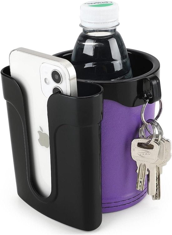 Fiets Bekerhouder - Fleshouder Stuur - Drinken Onderweg - 3-in-1 met Telefoonhouder - Verstelbare Clip - Zwart Paars