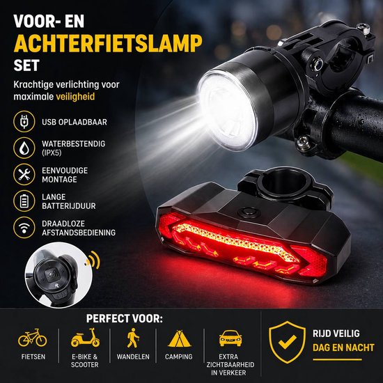 Fiets licht met Knipperlicht en Fietsalarm -Fietsbel- Richtingaanwijzer - Afstandsbediening - Anti Diefstal Alarm - Usb Oplaadbaar
