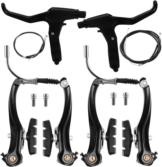 Fiets V-remset - Complete set voor voor- en achterwiel - Velgremmen - Inclusief remhendel en kabel - Geschikt voor mountainbikes, racefietsen en vouwfietsen - Eenvoudige montage - Aluminiumlegering - Zwart