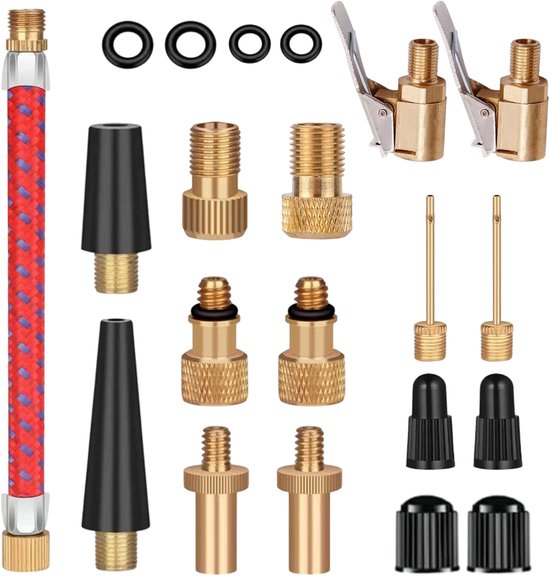 Fiets ventieladapter set - universeel - voor auto, compressor, bal - opblazen - fietsaccessoires - volwassenen - mixkleur - standaardformaat - 21 stuks